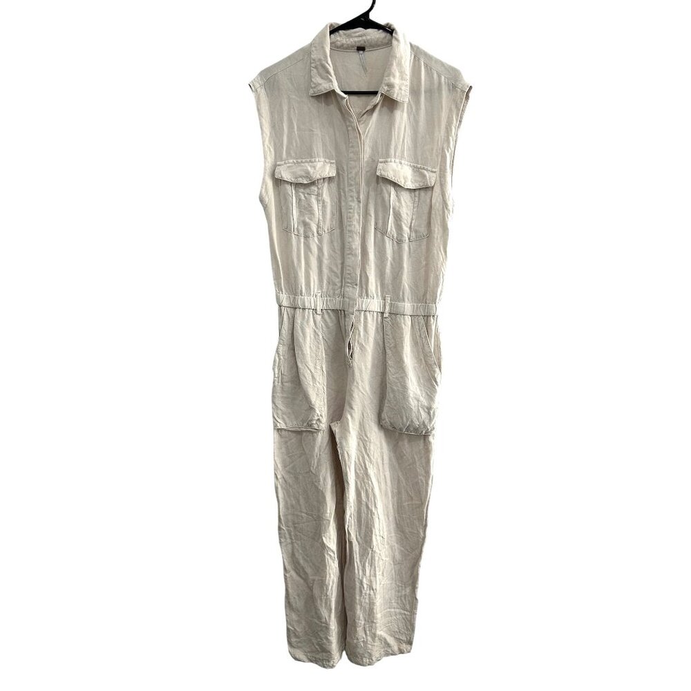 YFB Womens Sleeveless Beige Linen Blend.Belted Jumpsuit Size Medium Pockets